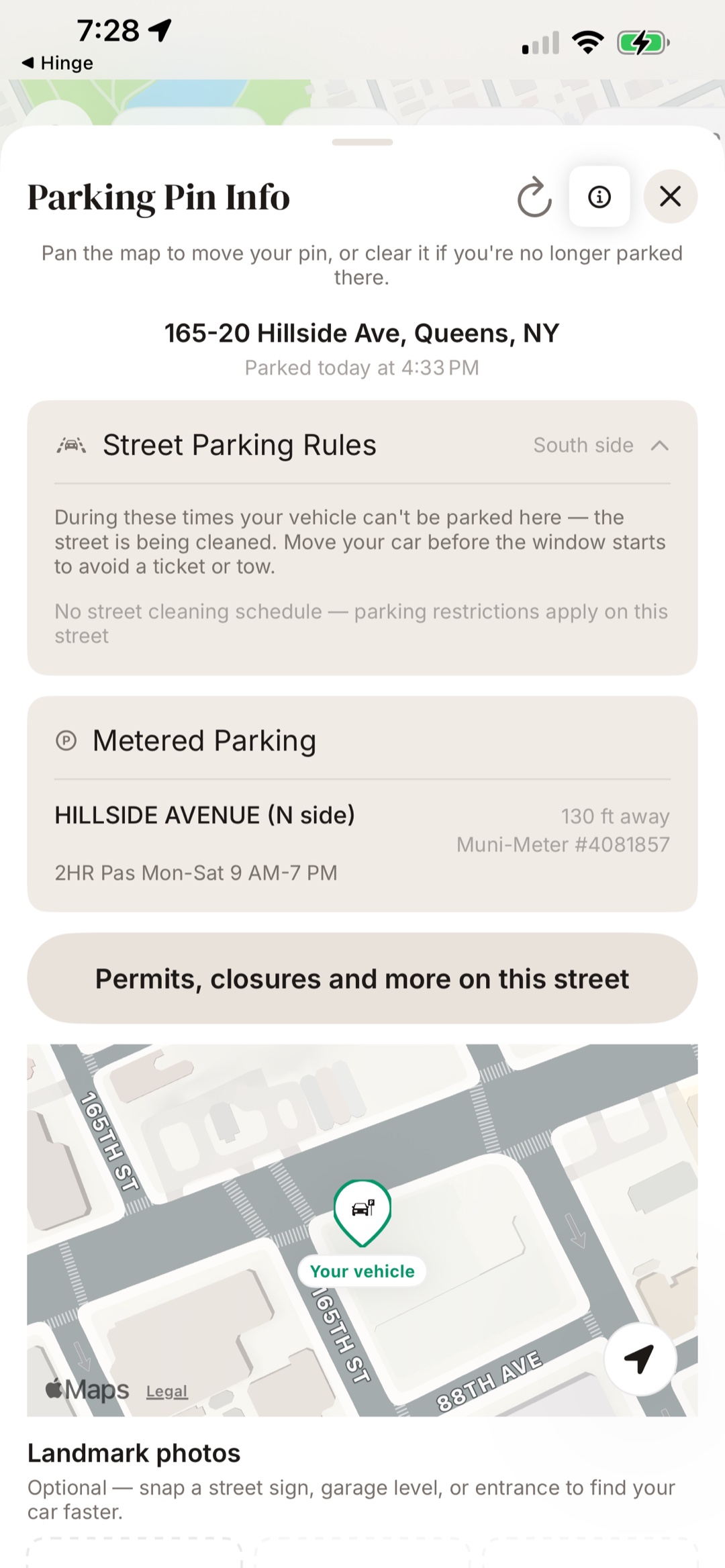 Parking pin info: street parking rules, metered parking with the Muni-Meter number, and your vehicle on the map
