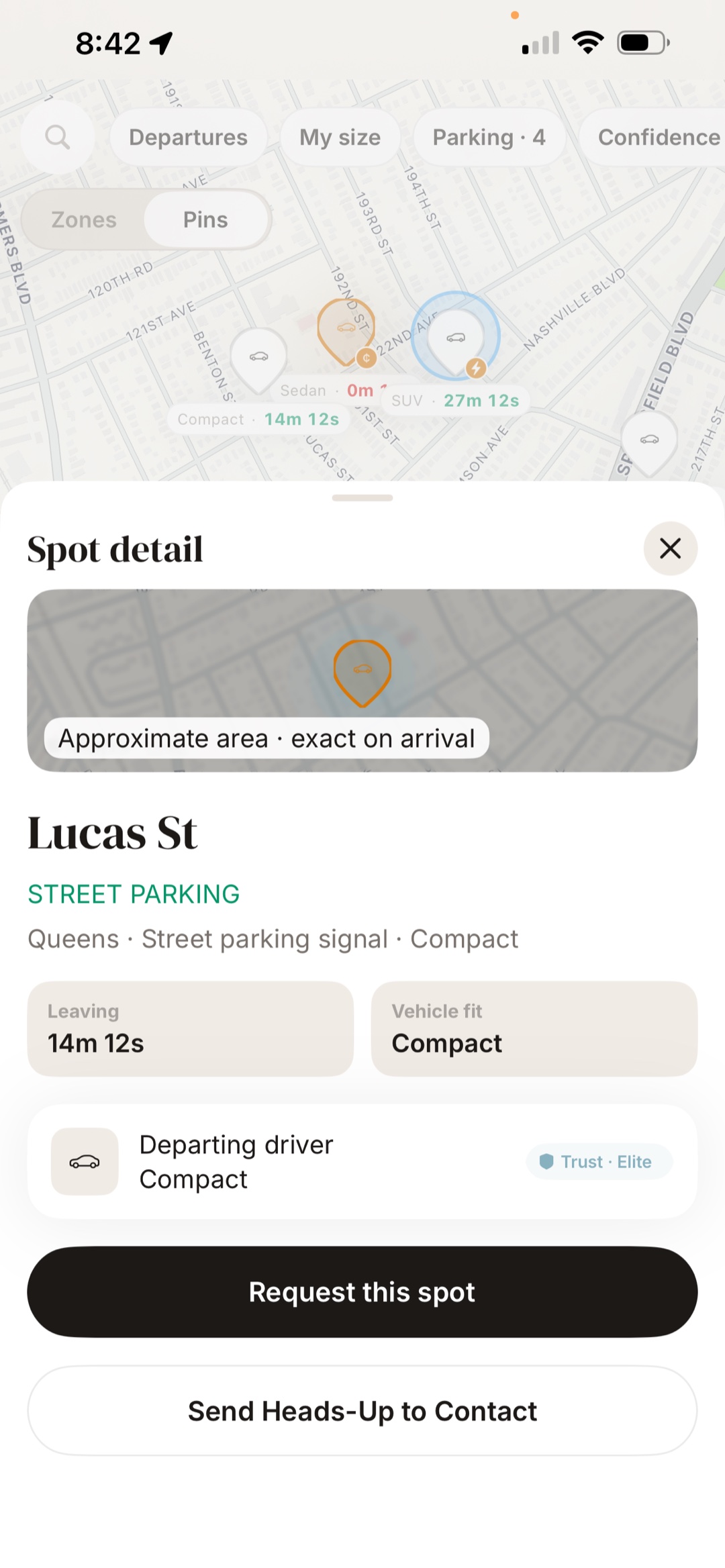 Spot detail showing an approximate area, a countdown, and Request this spot