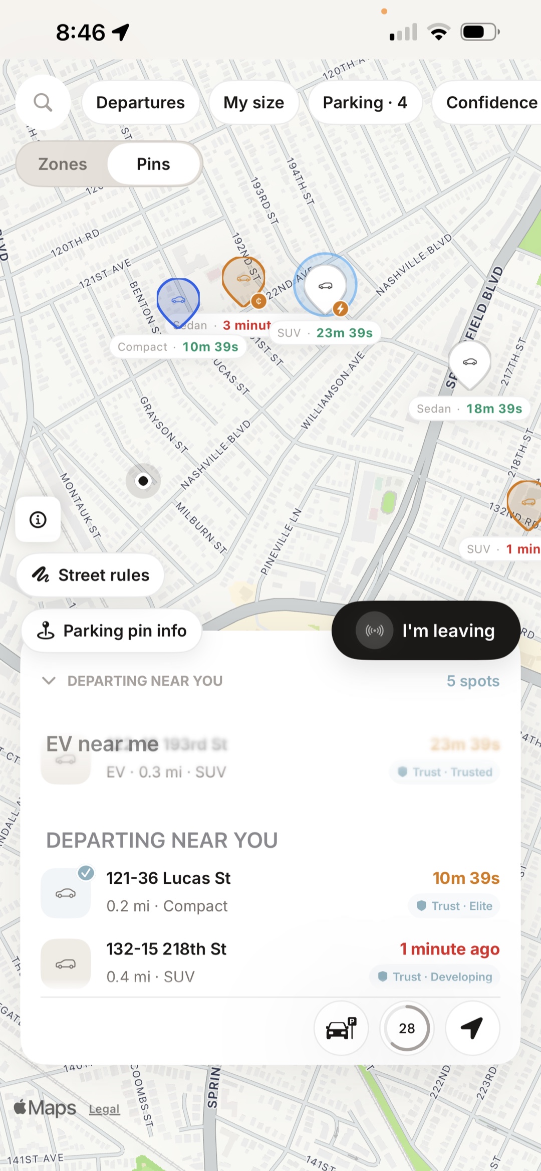 Map of nearby departures, each pin showing a live countdown