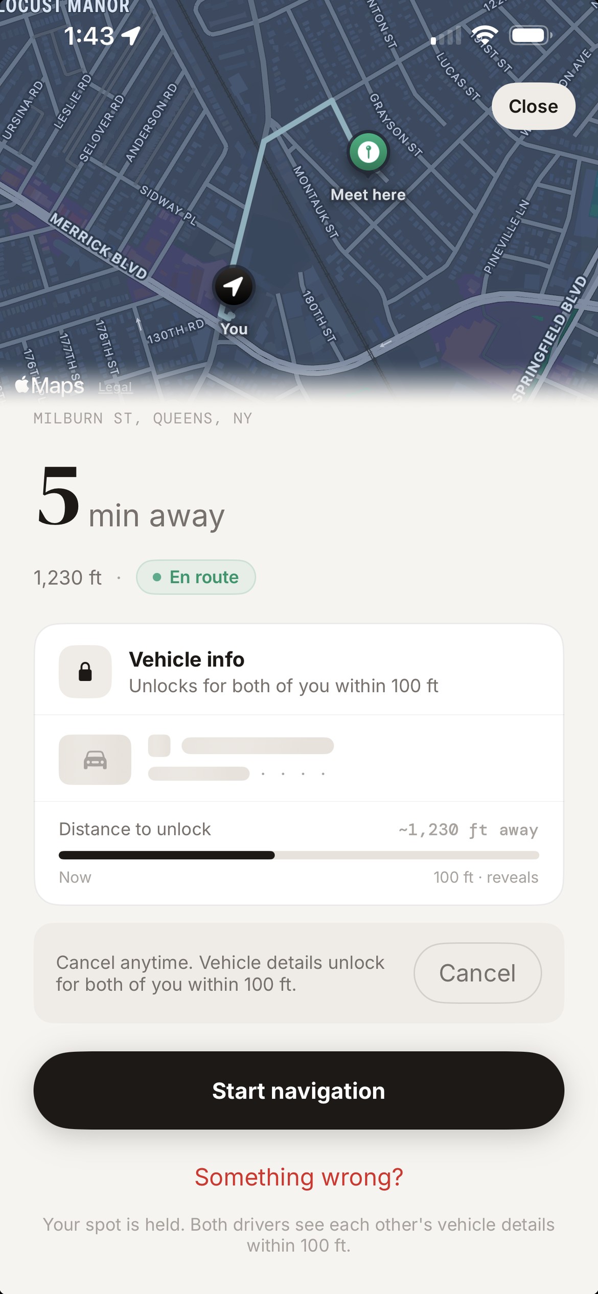Coordination screen: five minutes away, exact spot reveals inside about 100 feet; vehicle details via proximity-reveal for handoff only